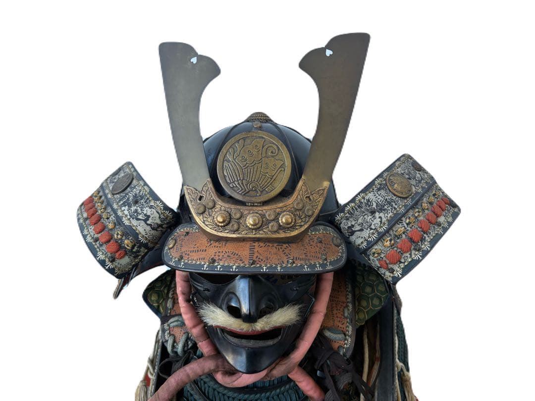 日本美術 時代甲冑 等身大 家紋入 丸に揚羽蝶 鎧兜 一式 面頬 鎧櫃 鎧立付