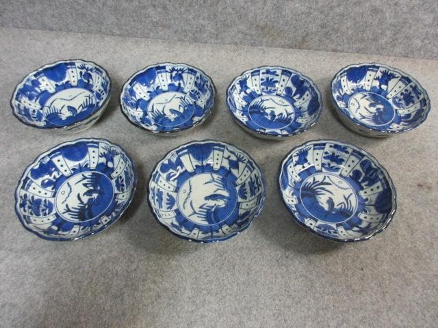 成化年製古伊万里染付芙蓉手花柄なます皿 7枚 [B22690]