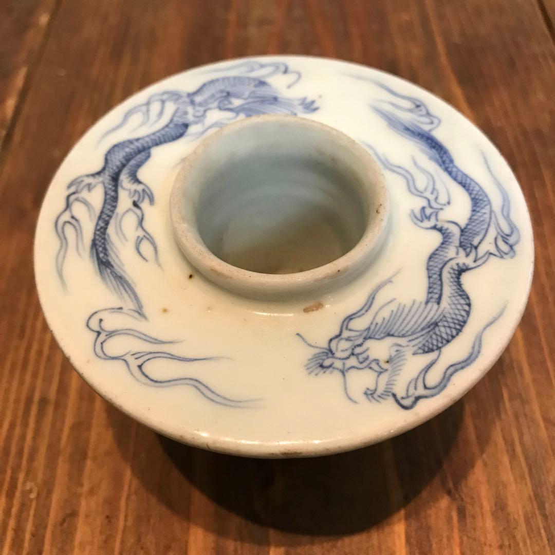 美品　古伊万里　染付　龍　盃台　年代物　焼物　杯台　酒器　迫力ある絵柄