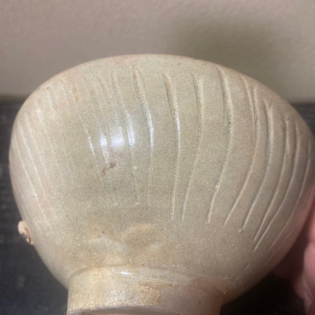 中国古玩　陰刻草花文抹茶茶碗【桐箱付】13.5cm6.5cm