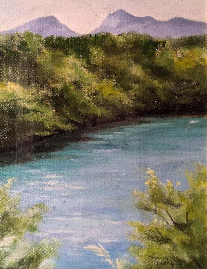 【真作】絵画　油彩3号　毘沙門沼　優美な風景画　自然の息吹　V183