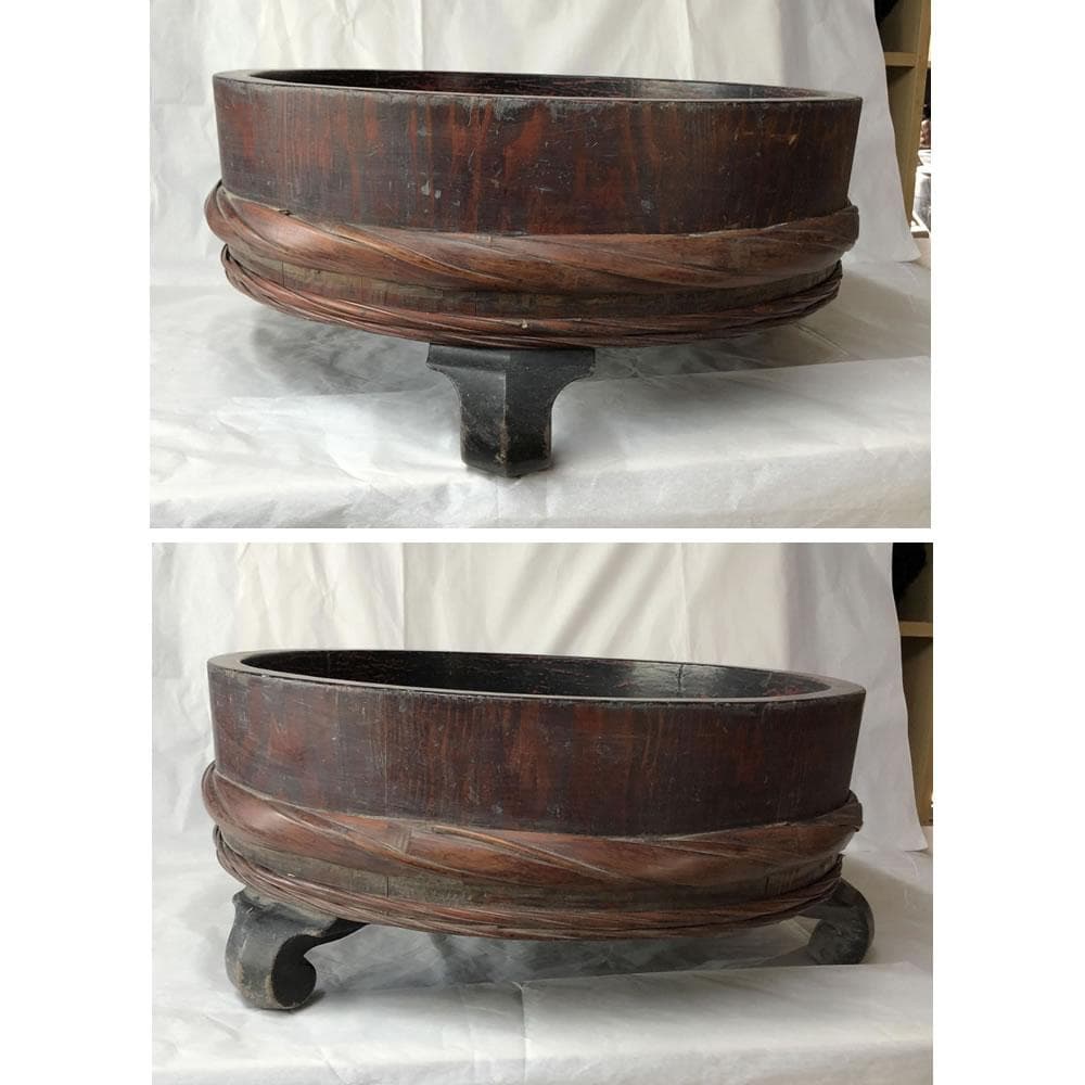 e2636 根来盆 直径43cm 桶 丸桶 飾り棚 違い棚付 煎茶盆 古道具