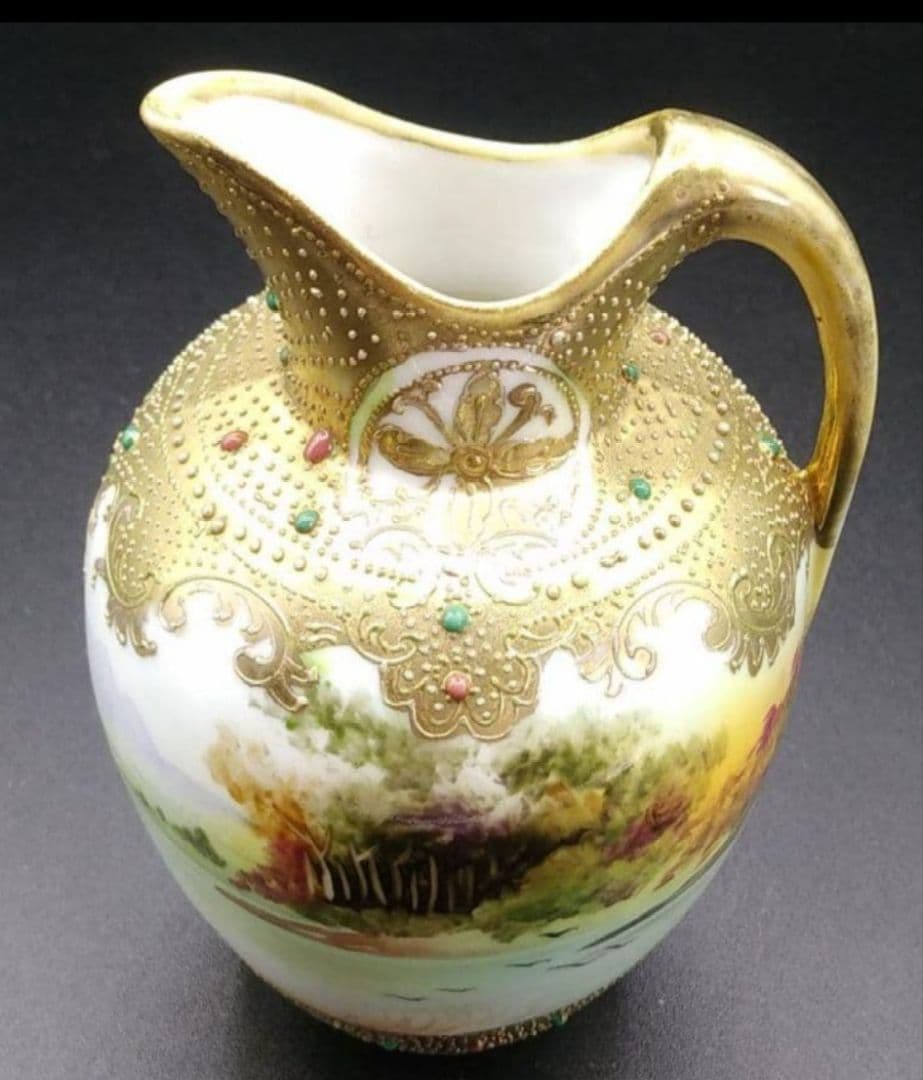 オールドノリタケ 金彩 メイプルリーフ エナメルビジューの美しい風景絵花