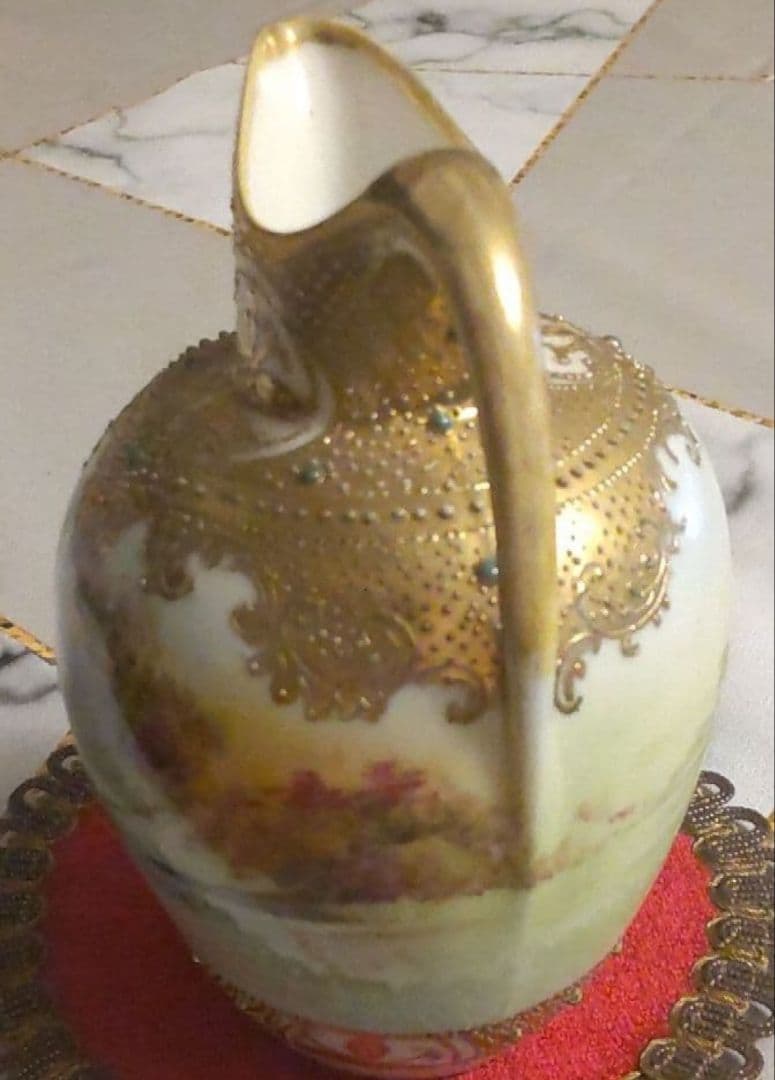 オールドノリタケ 金彩 メイプルリーフ エナメルビジューの美しい風景絵花