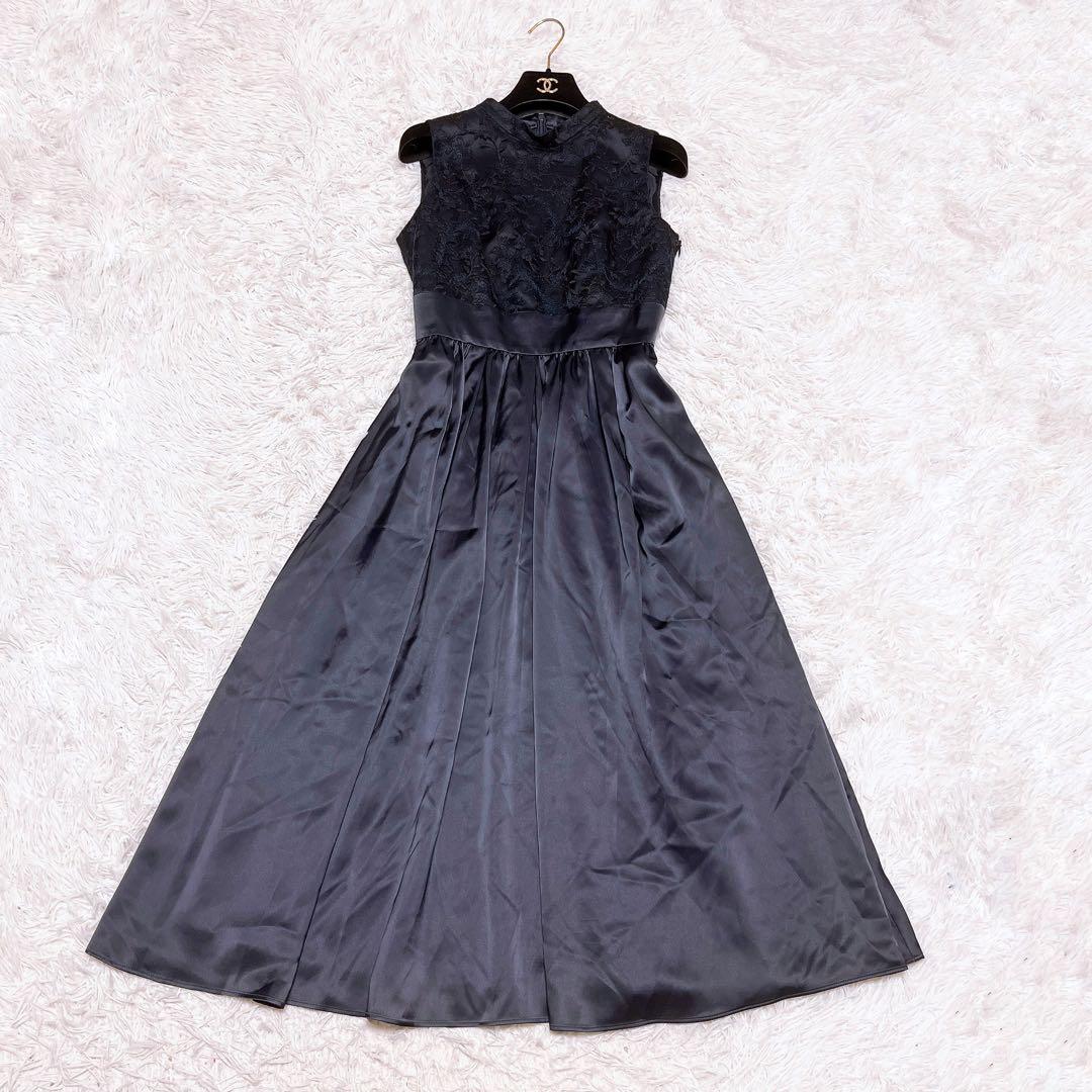 美品 Aimer ラメ 刺繍 レース サテン ロング ドレス レースアップ 紺色