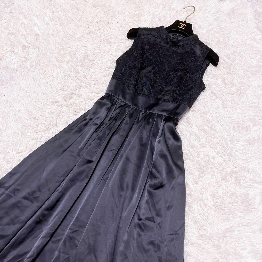 美品 Aimer ラメ 刺繍 レース サテン ロング ドレス レースアップ 紺色