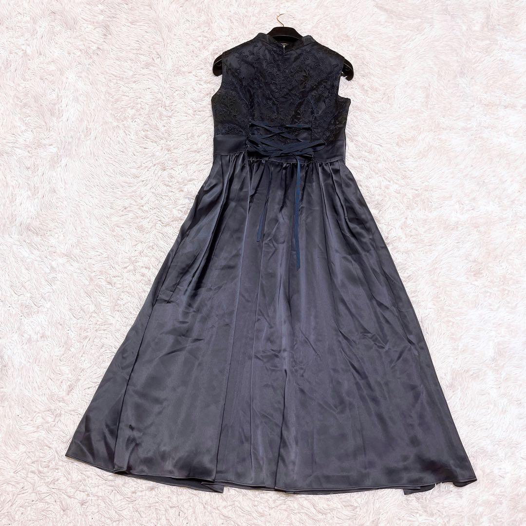 美品 Aimer ラメ 刺繍 レース サテン ロング ドレス レースアップ 紺色