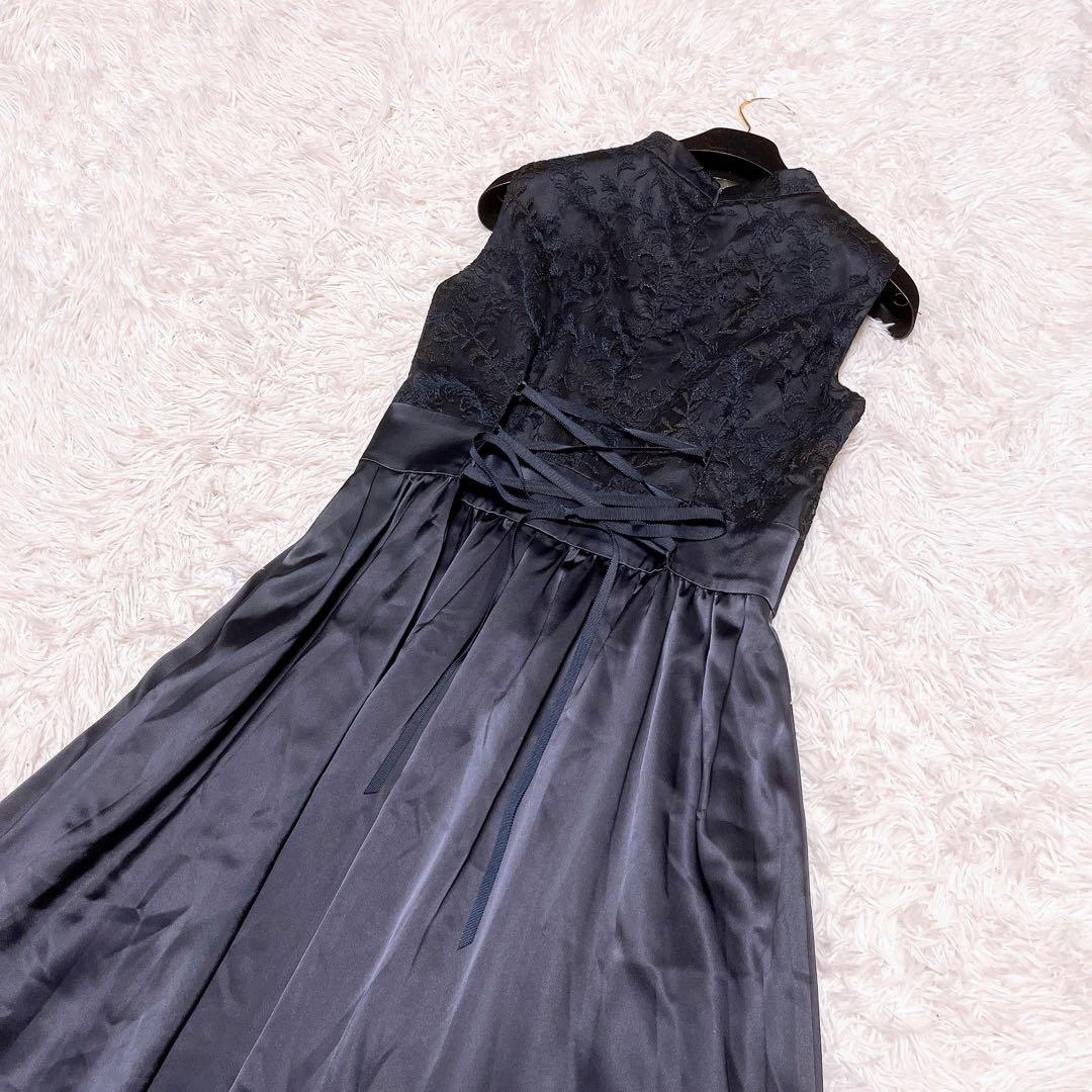 美品 Aimer ラメ 刺繍 レース サテン ロング ドレス レースアップ 紺色