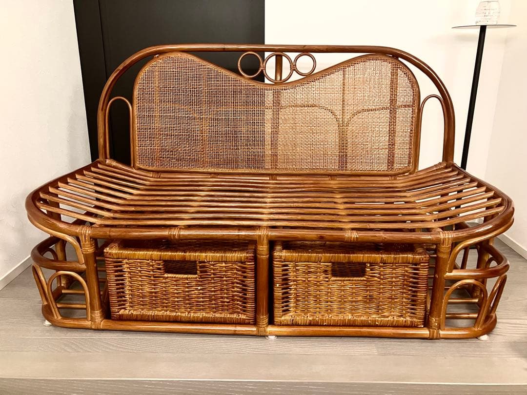 美品 ラタン ソファ ハイバックカウチ 幅120cm 昭和レトロ クッション付き