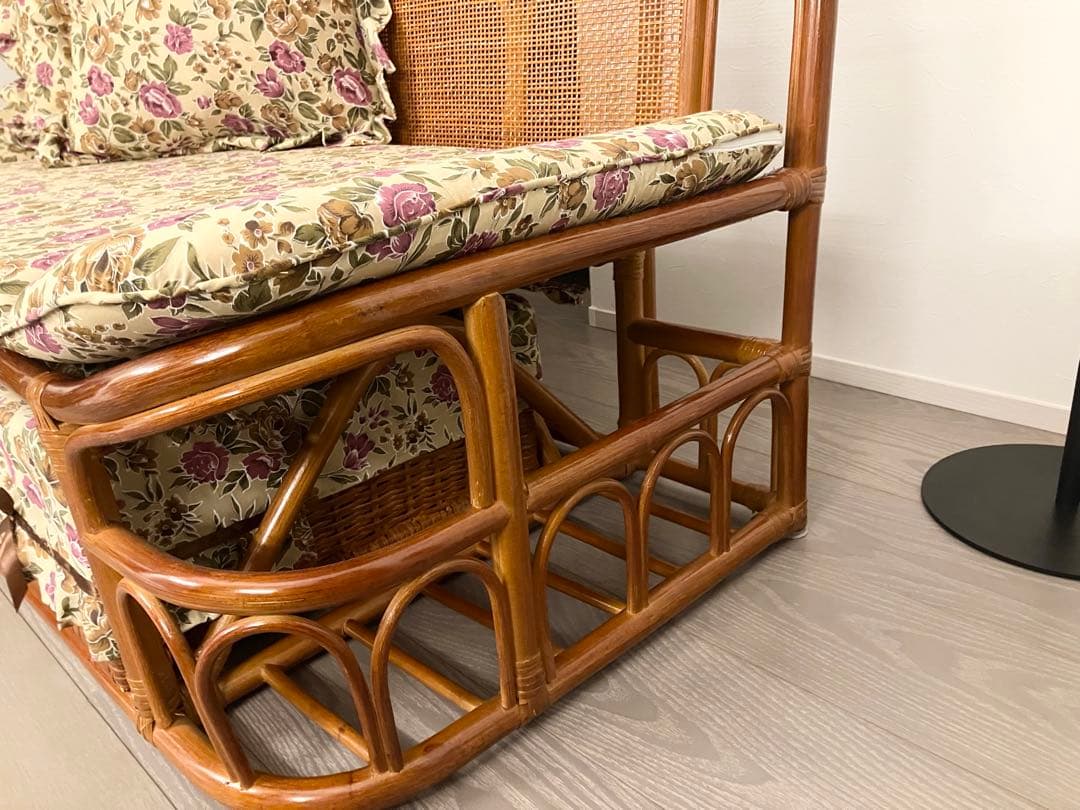 美品 ラタン ソファ ハイバックカウチ 幅120cm 昭和レトロ クッション付き