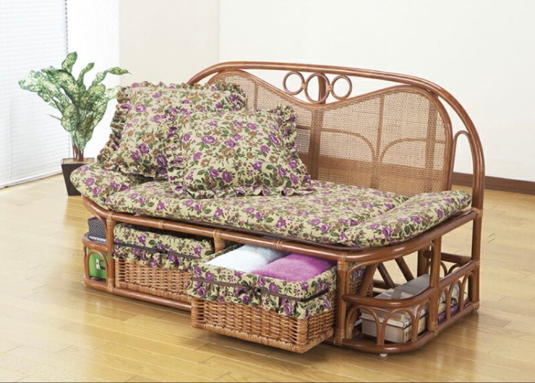 美品 ラタン ソファ ハイバックカウチ 幅120cm 昭和レトロ クッション付き