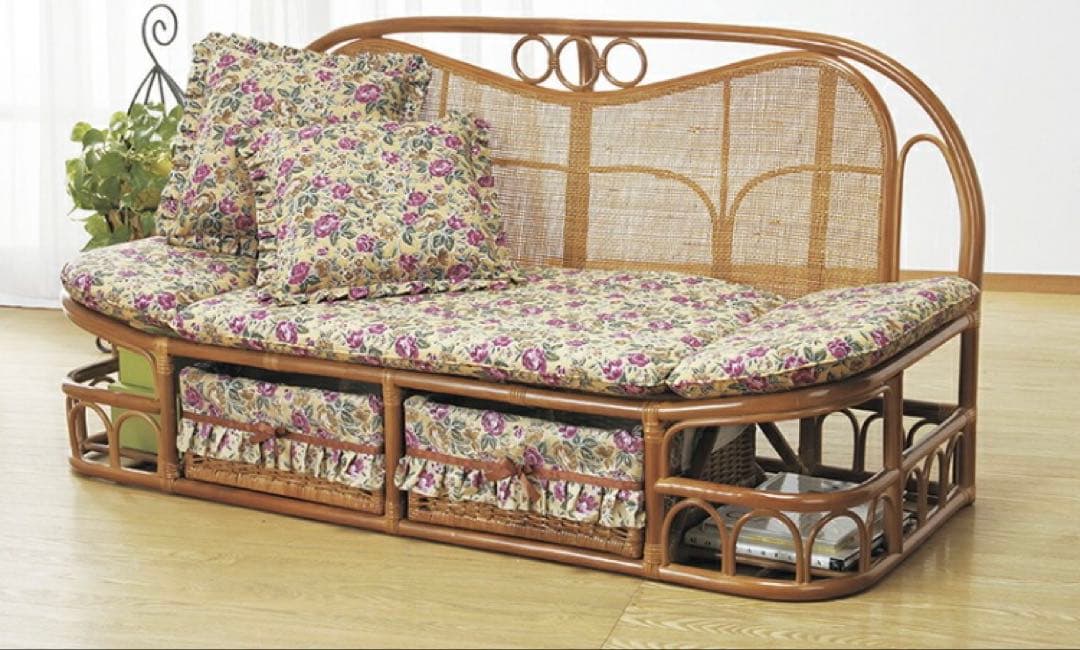 美品 ラタン ソファ ハイバックカウチ 幅120cm 昭和レトロ クッション付き