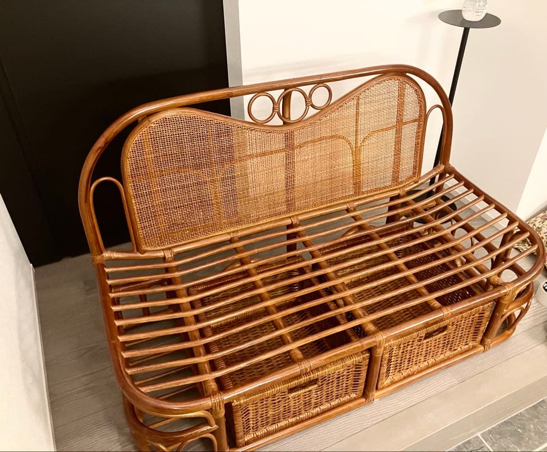 美品 ラタン ソファ ハイバックカウチ 幅120cm 昭和レトロ クッション付き