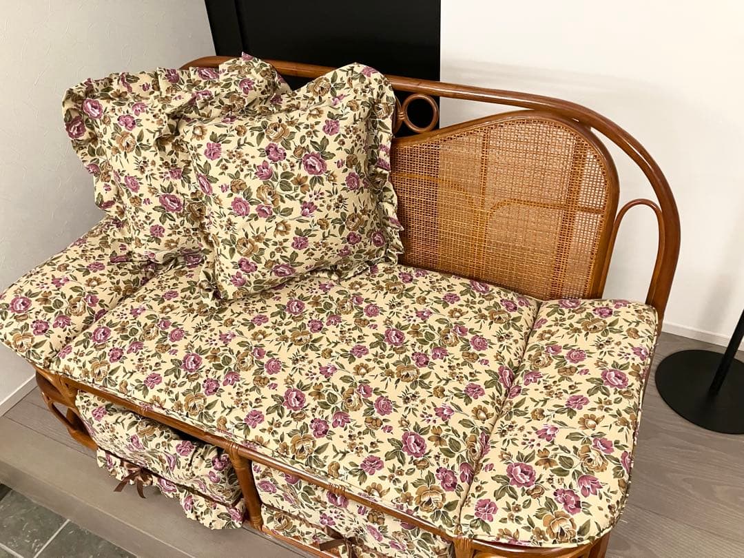 美品 ラタン ソファ ハイバックカウチ 幅120cm 昭和レトロ クッション付き