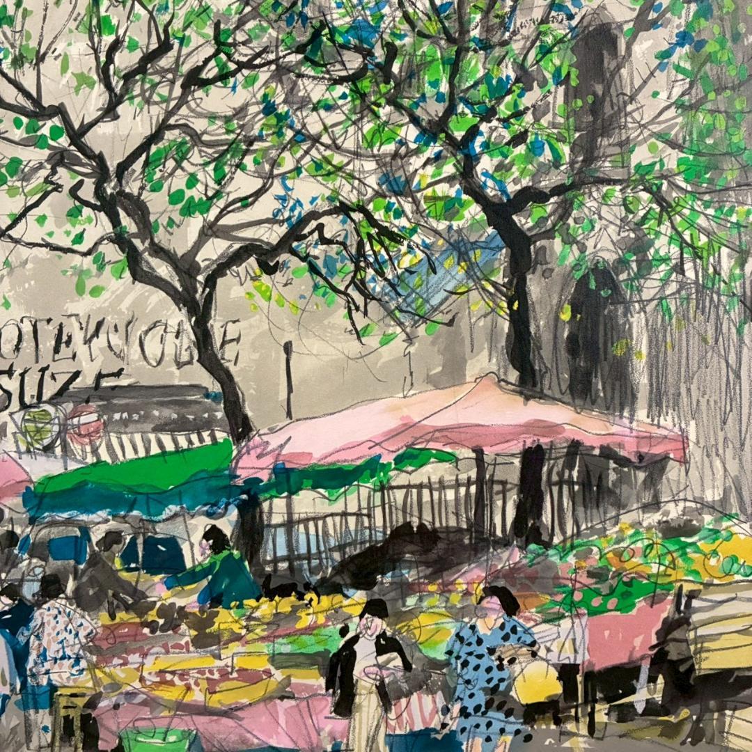 児玉幸雄「パリの朝市」リトグラフ 直筆サイン有 お洒落な額装 フランス