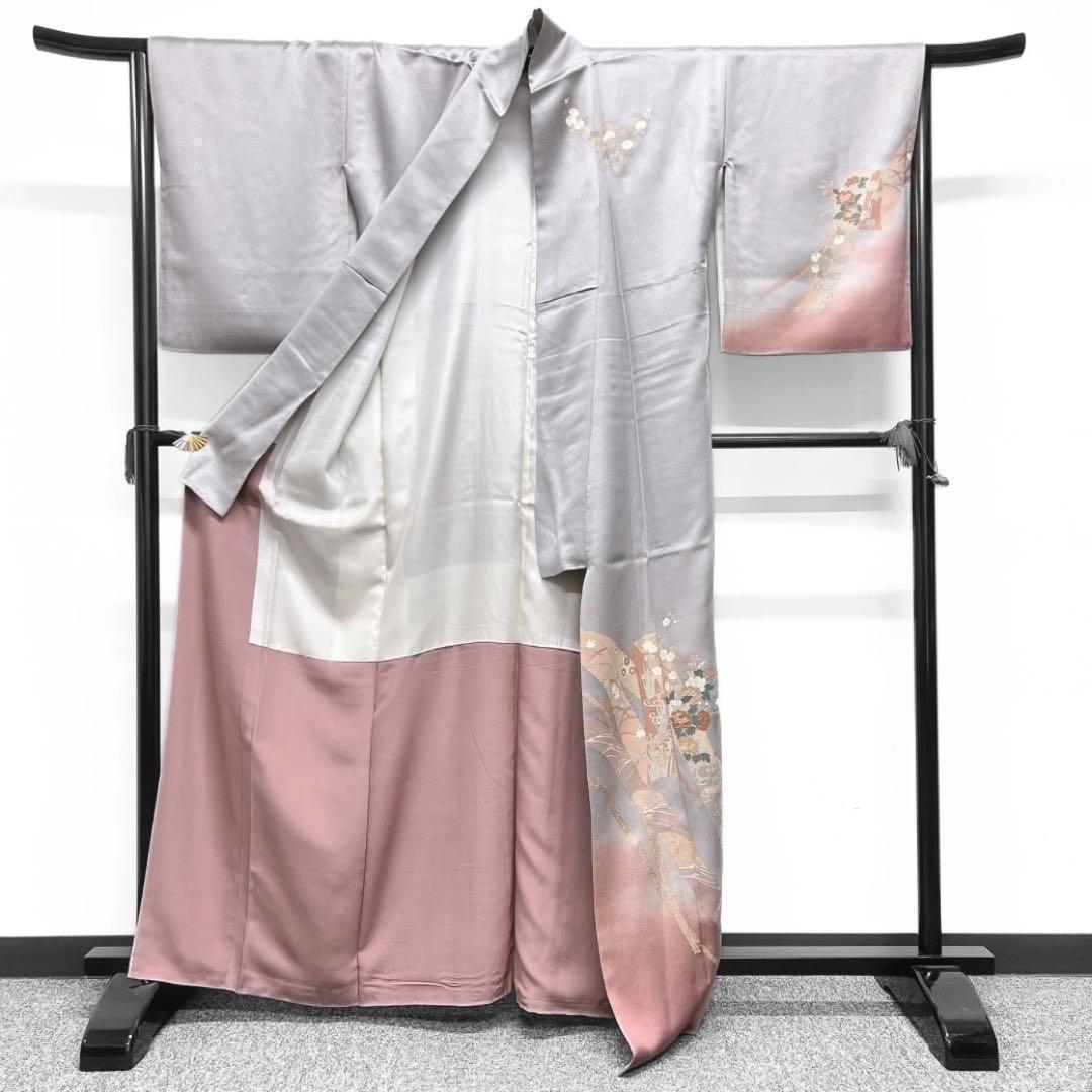 付け下げ　金通し　金駒刺繍　熨斗　牡丹　菖蒲　菊　グレー系　着物　062w d