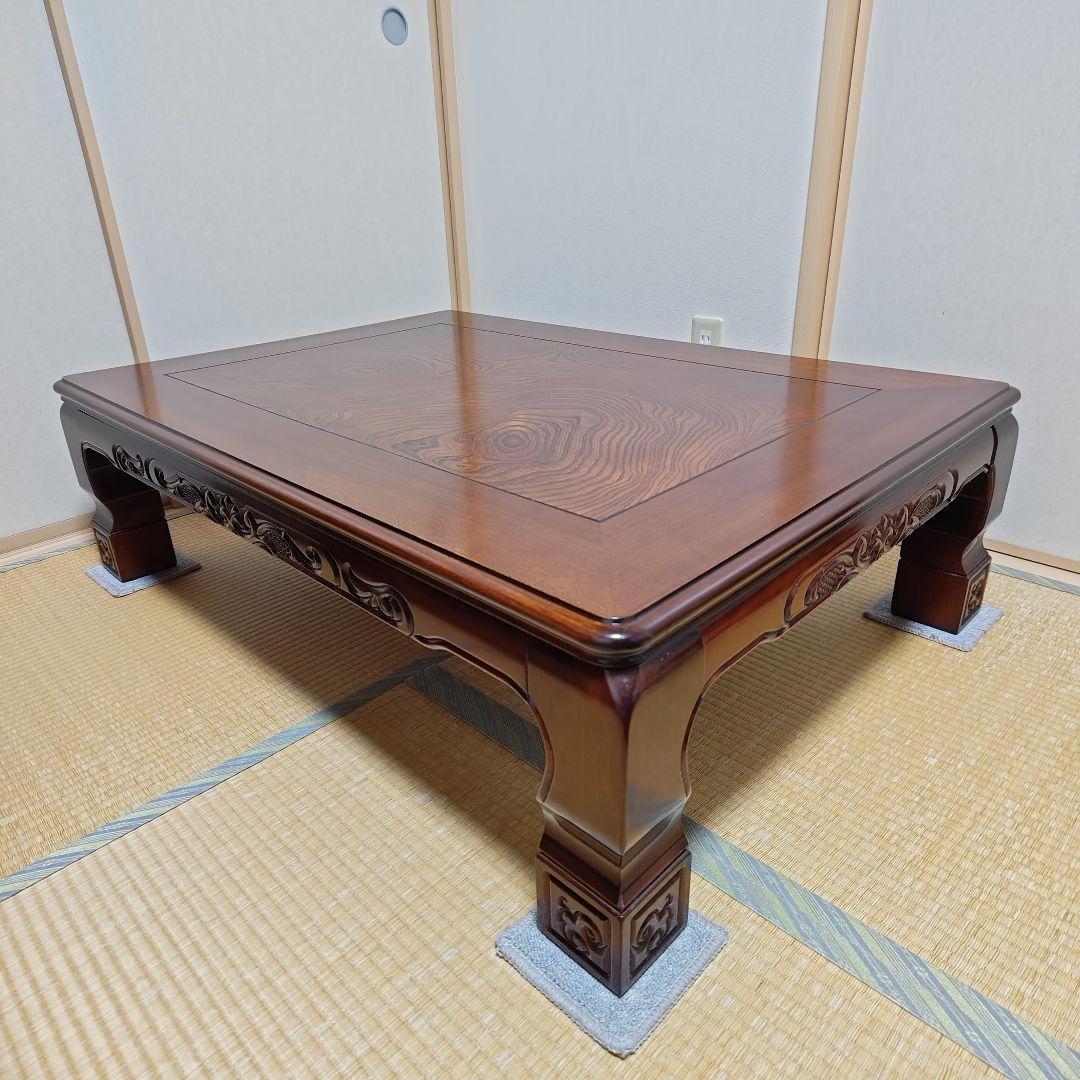 木製座卓(電気こたつ機能有り )ダークブラウン 彫刻装飾(0360)