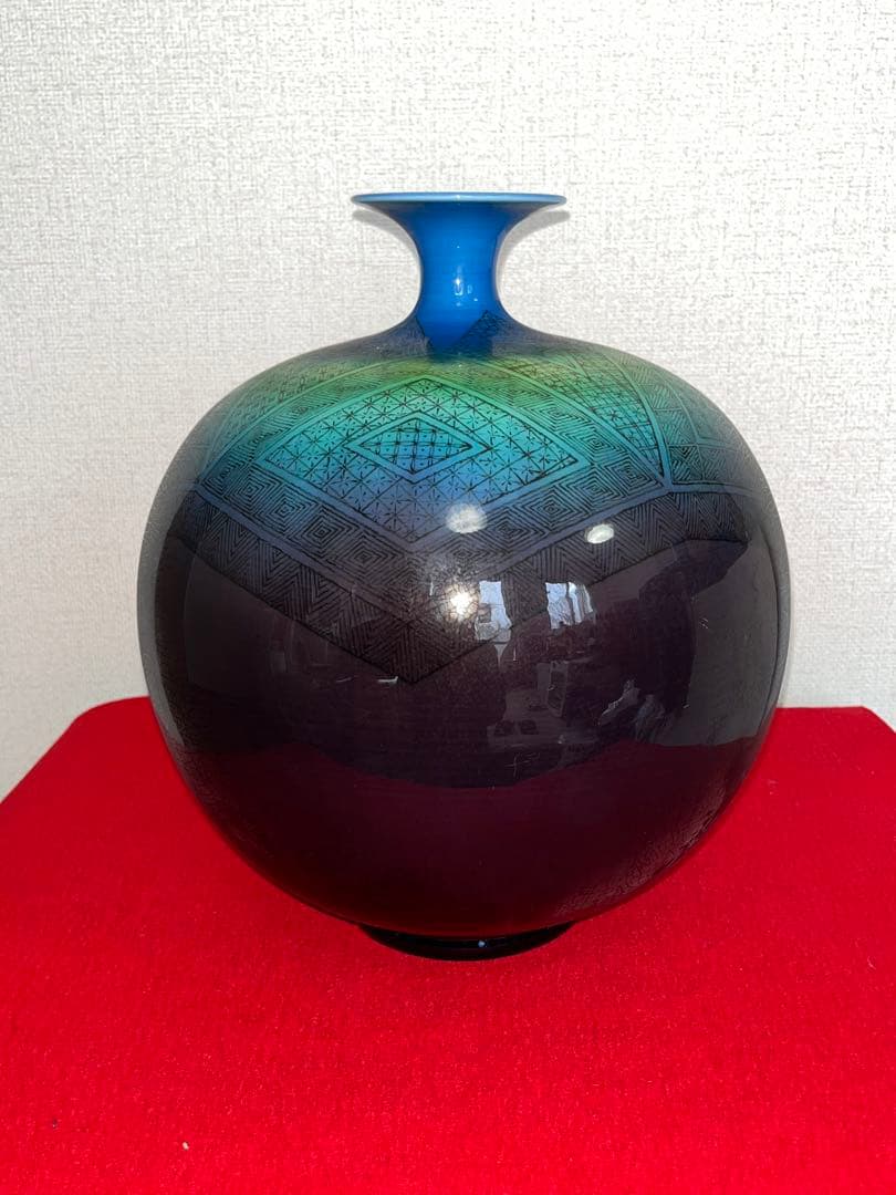 【特大】人間国宝 三代 徳田八十吉（正彦銘）碧明釉 小紋壺 約29cm T237