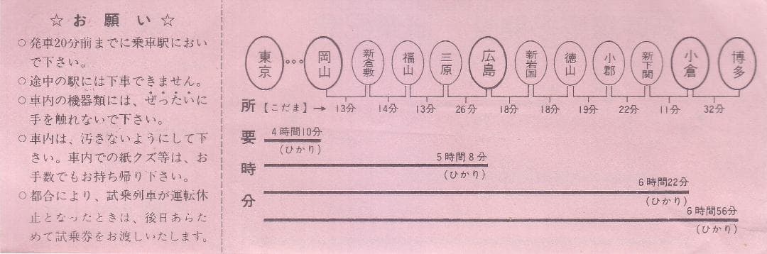 未使用新幹線博多開業試乗記念　レトロ試乗券A 1975年 広島-小倉　M-723
