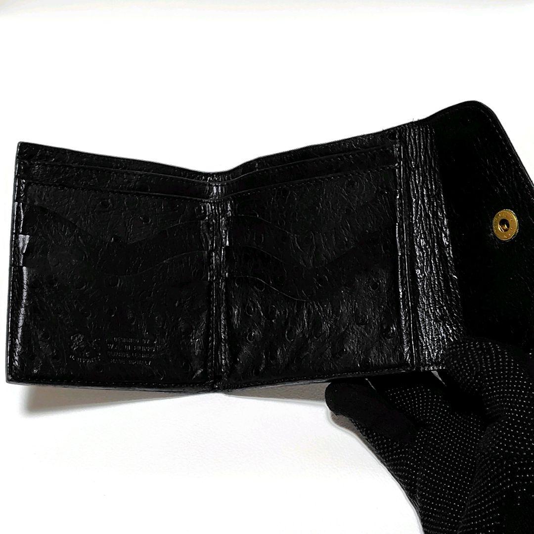 希少　イルビゾンテ　折り財布　黒　革　がま口　オーストリッチ　型押し　金ボタン