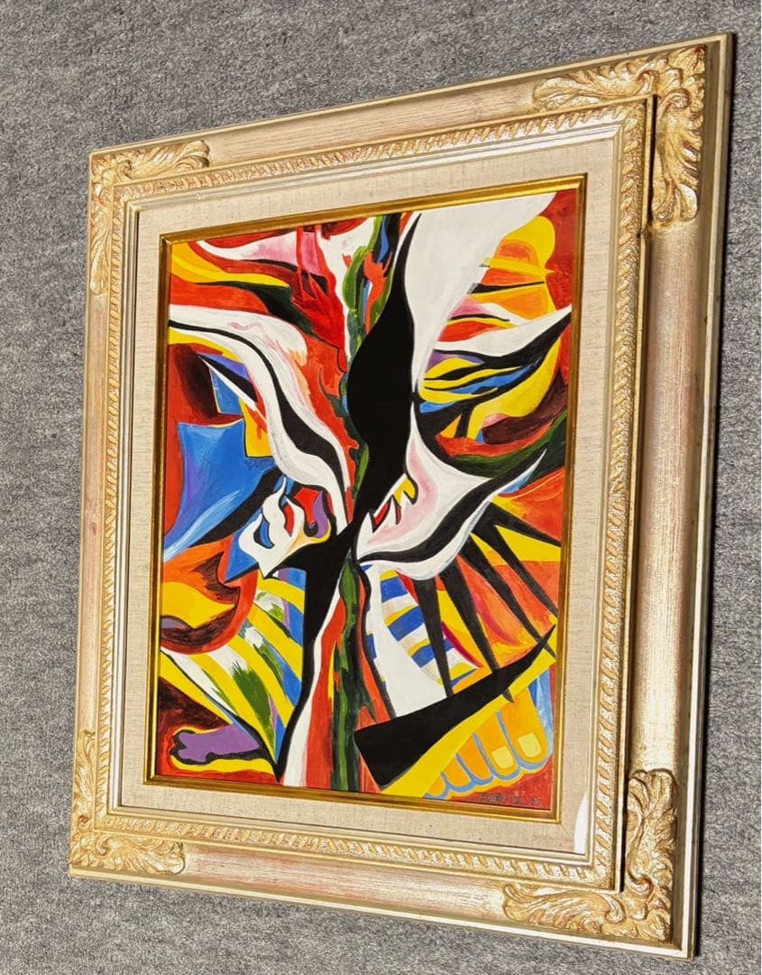 【F6号】手描き油彩画　岡本太郎【哄笑】豪華額縁　サイン　人気作家　万博　絵画