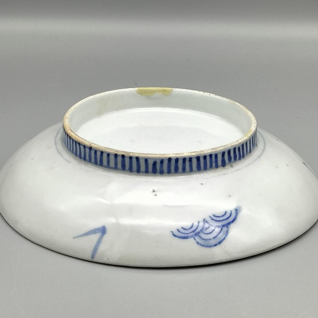 明治鍋島焼 染付 伊勢海老 青海波 雪輪文 櫛高台皿　他、　計二点セット