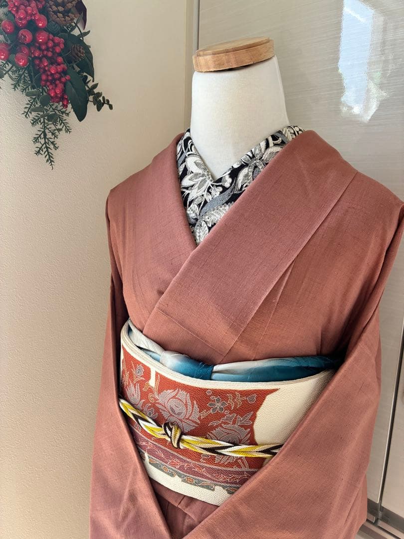 袷　紬　結城紬　浅緋色　裄67cm 無地紬　正絹　半衿おまけ付き