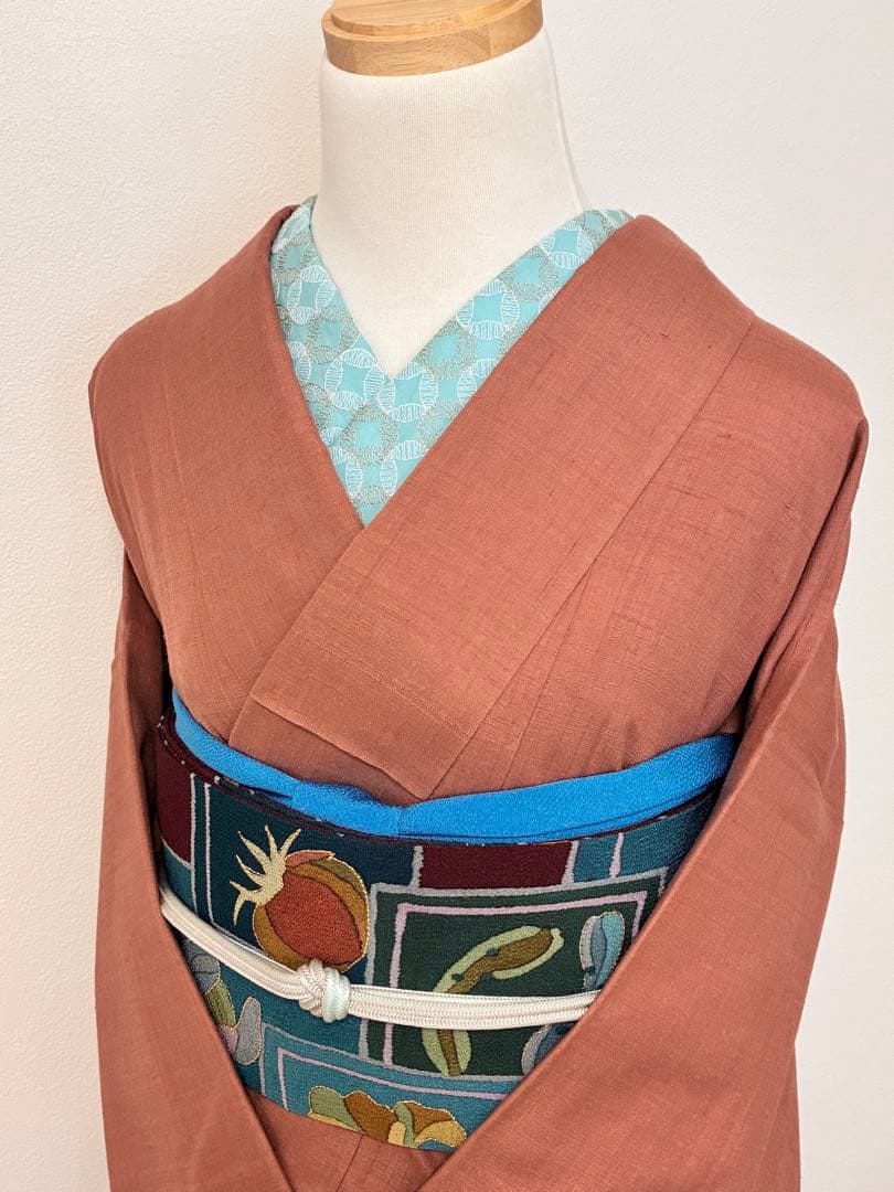 袷　紬　結城紬　浅緋色　裄67cm 無地紬　正絹　半衿おまけ付き