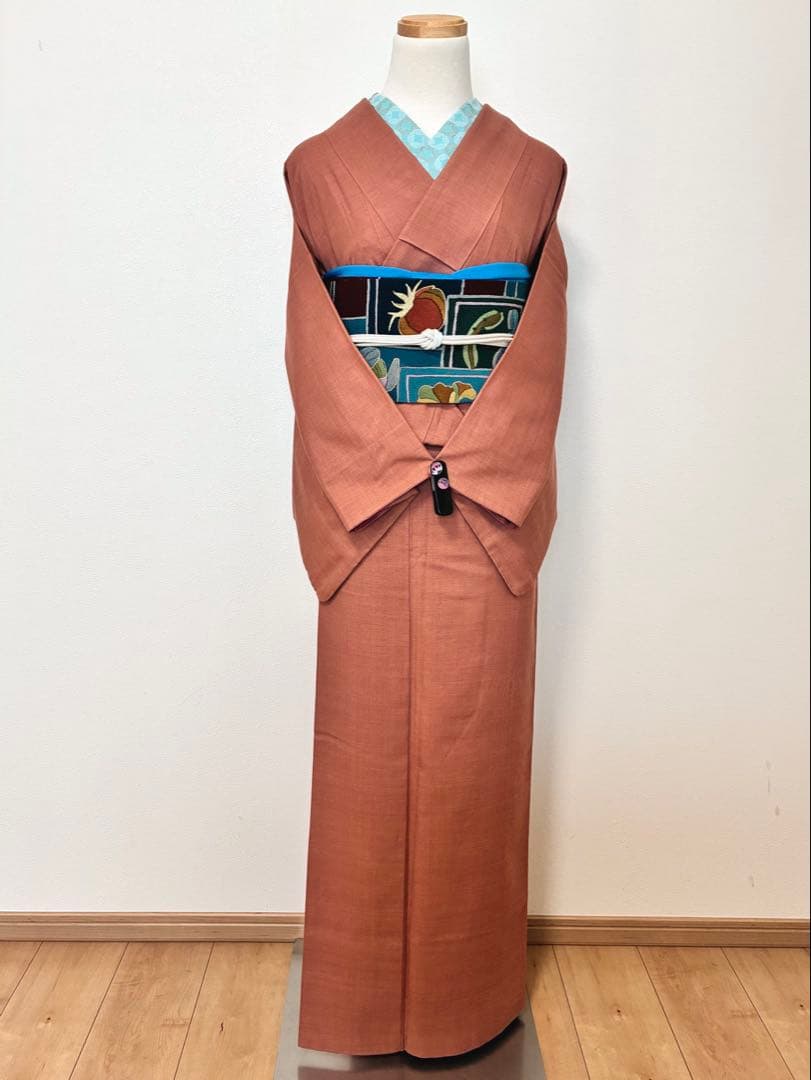 袷　紬　結城紬　浅緋色　裄67cm 無地紬　正絹　半衿おまけ付き