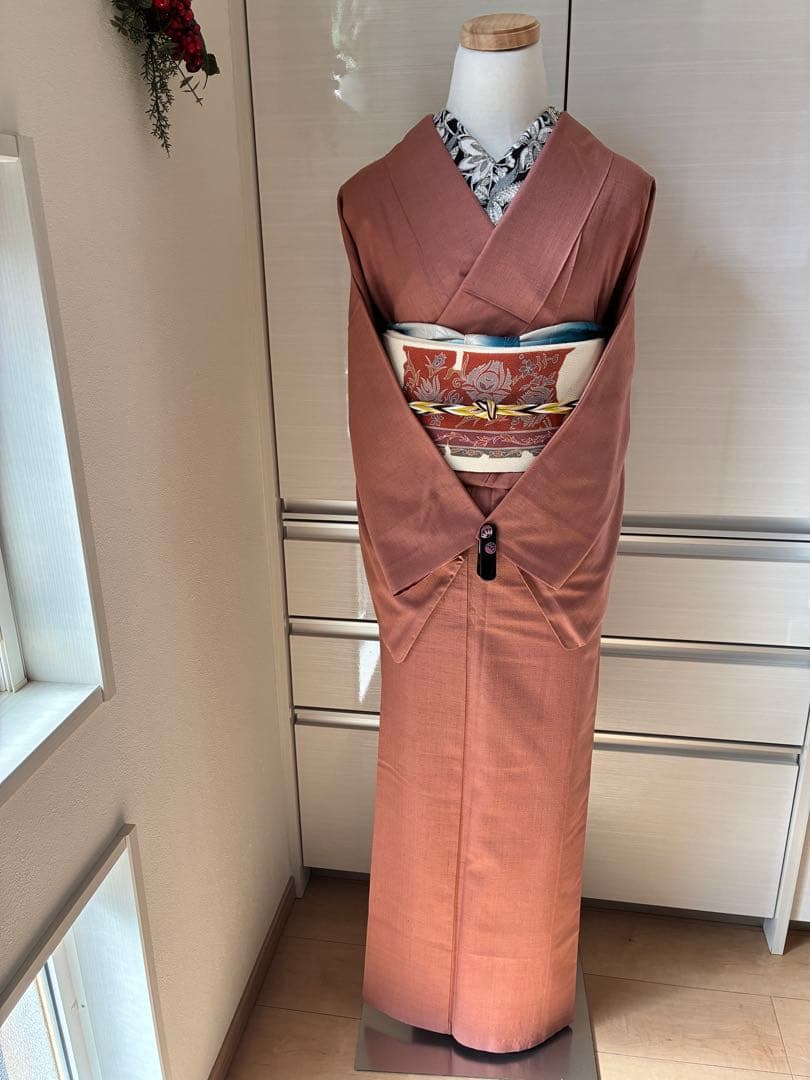 袷　紬　結城紬　浅緋色　裄67cm 無地紬　正絹　半衿おまけ付き