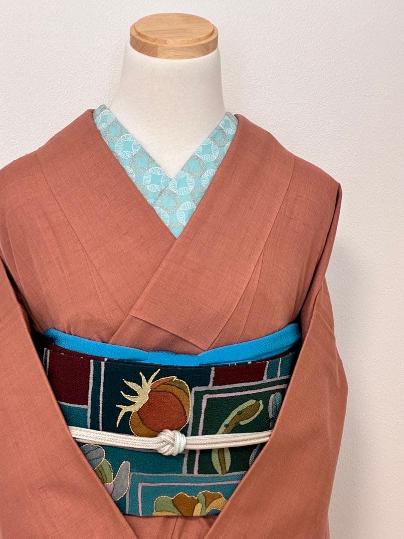 袷　紬　結城紬　浅緋色　裄67cm 無地紬　正絹　半衿おまけ付き