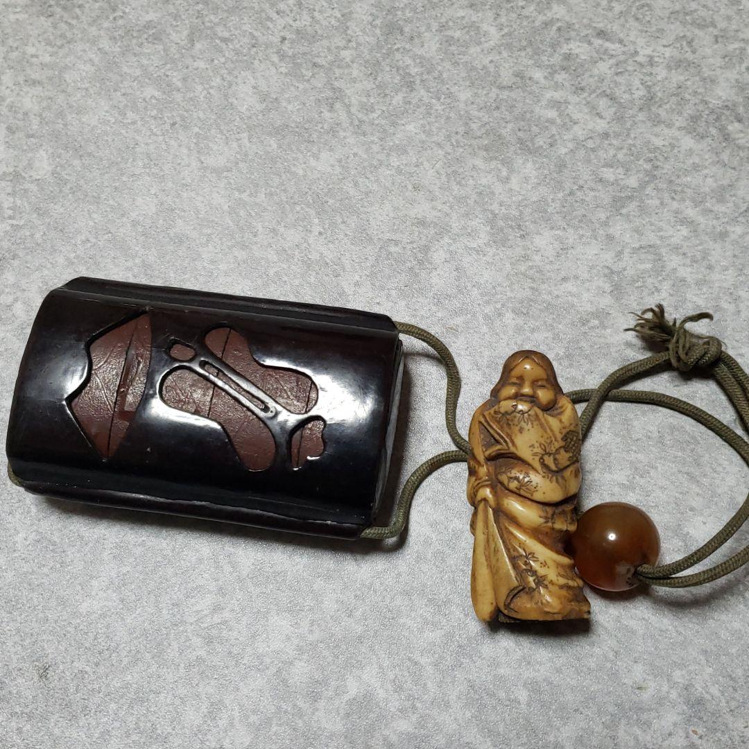 根付　印籠　玉　3点セット　根付　おたふく（幸福、幸運、長寿の象徴）　縁起物