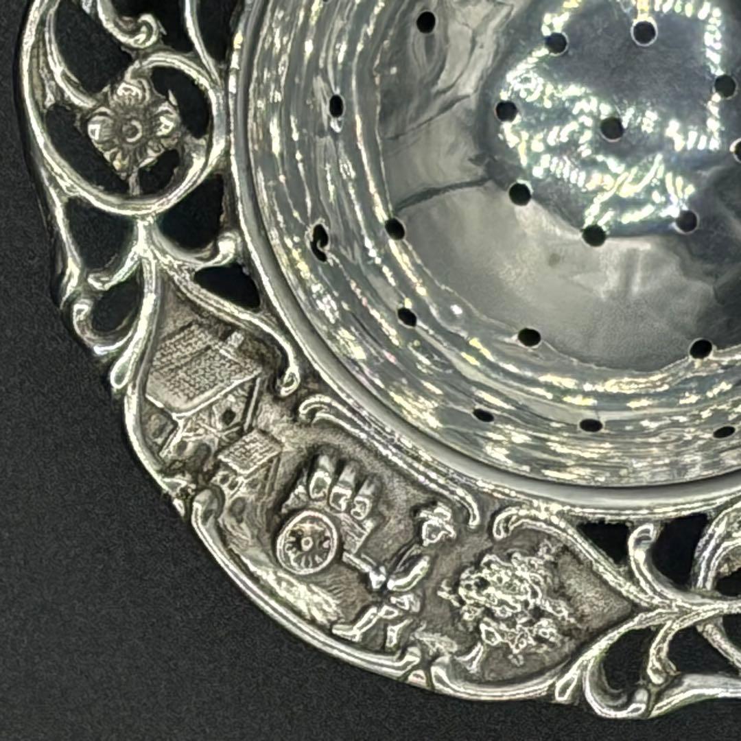 デンマークアンティーク・透かし花柄と風車のティーストレナー・純銀プレート