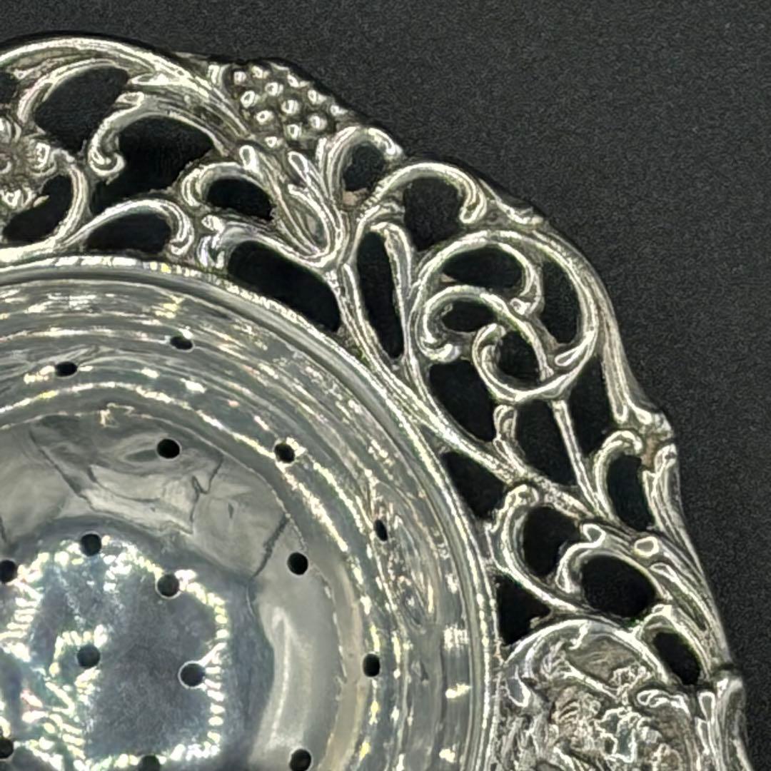 デンマークアンティーク・透かし花柄と風車のティーストレナー・純銀プレート