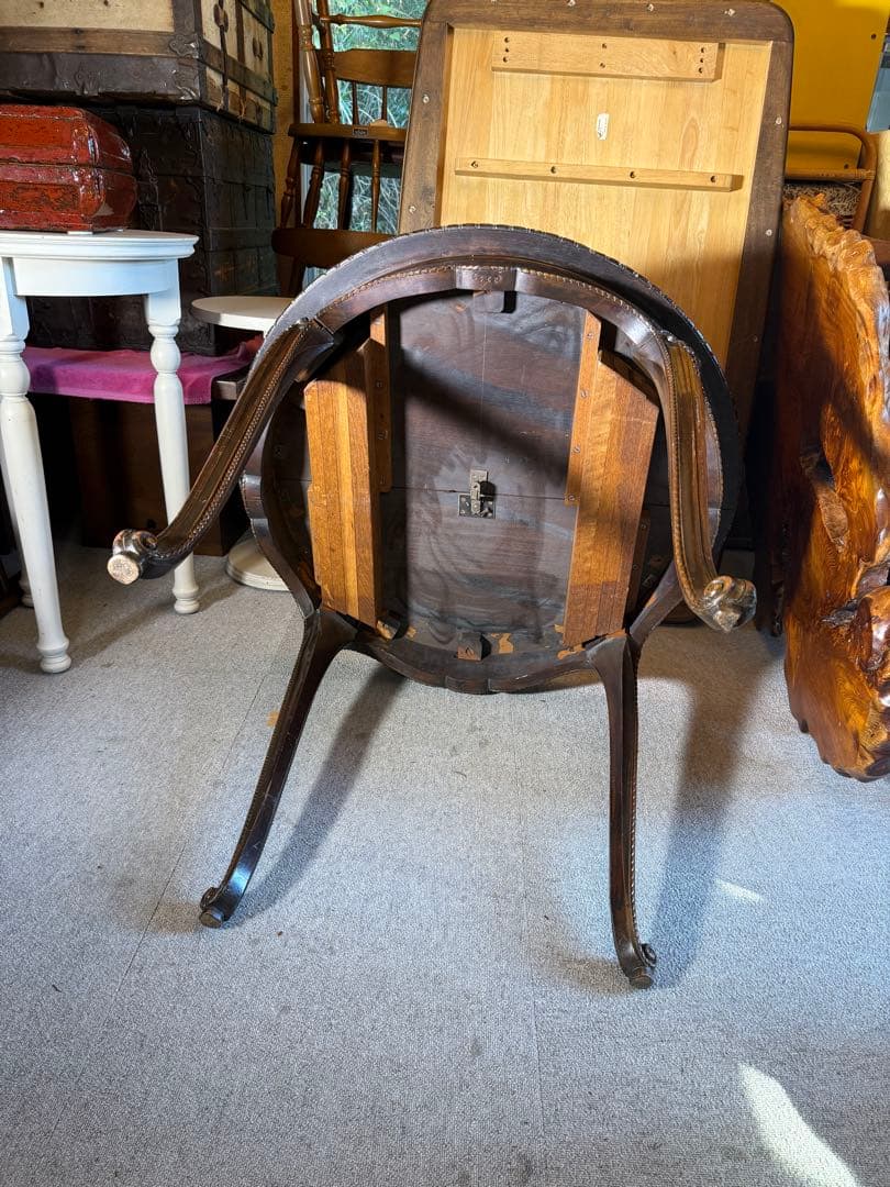 アンティーク 彫刻サロンテーブル 補強安定仕様 ロココ猫脚 直径90cm レトロ