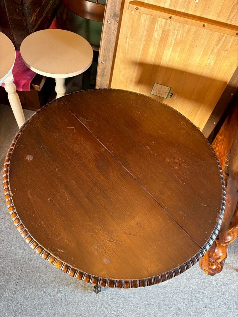 アンティーク 彫刻サロンテーブル 補強安定仕様 ロココ猫脚 直径90cm レトロ