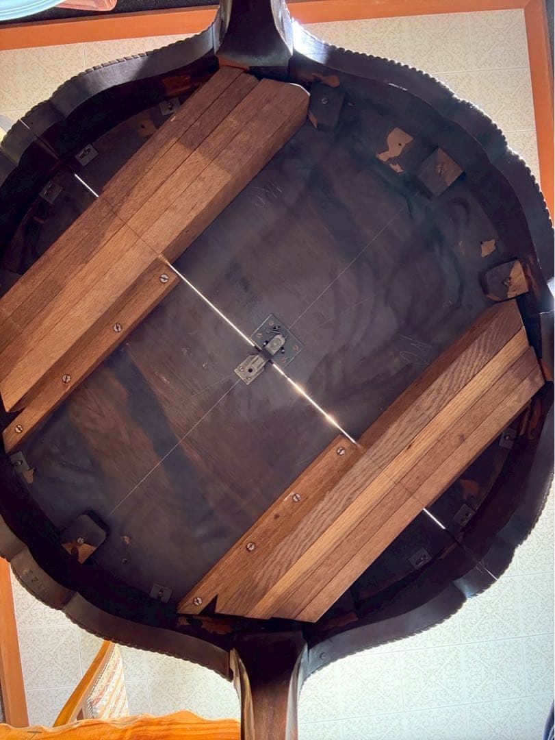 アンティーク 彫刻サロンテーブル 補強安定仕様 ロココ猫脚 直径90cm レトロ