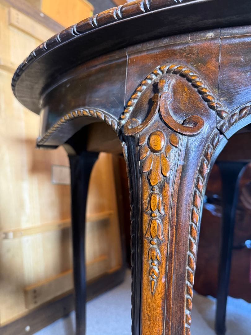 アンティーク 彫刻サロンテーブル 補強安定仕様 ロココ猫脚 直径90cm レトロ