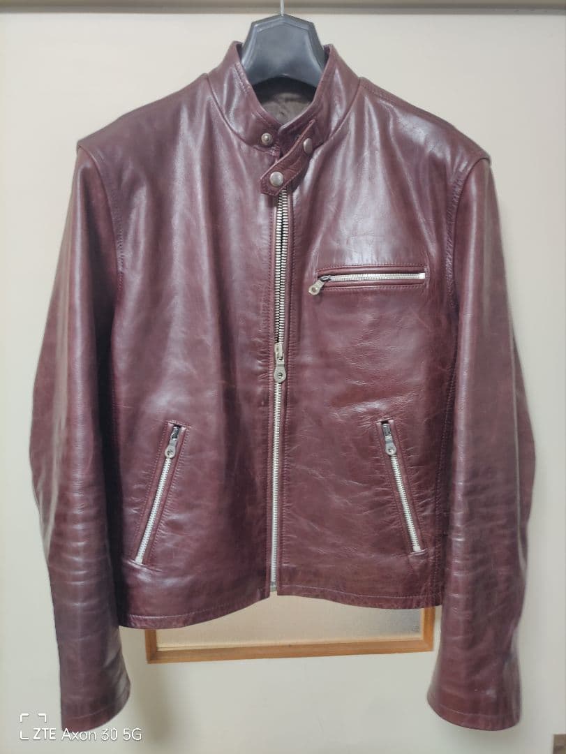 バーガンディ レザー シングルライダースジャケット　ホースハイド