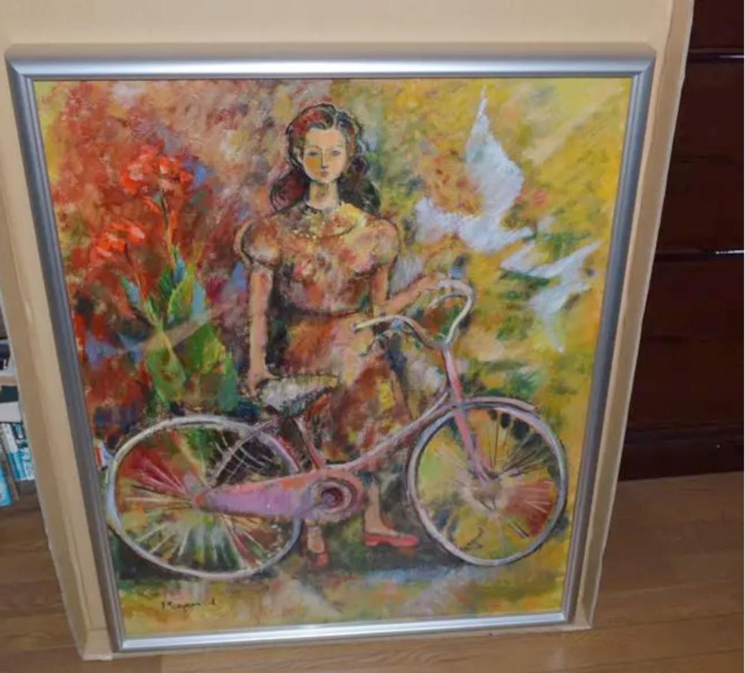 井上和久油彩画 自転車と少女