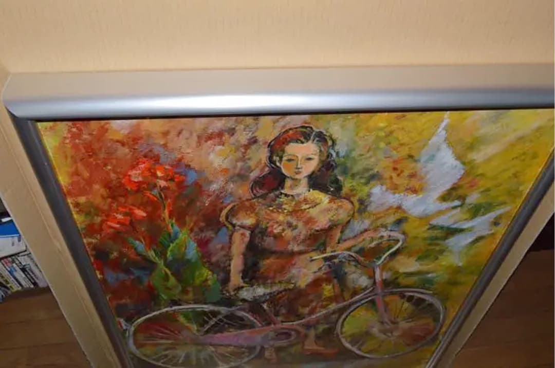 井上和久油彩画 自転車と少女