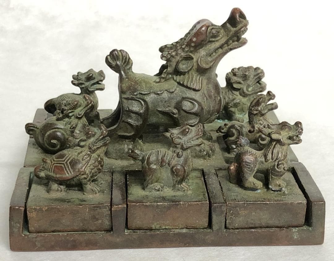 古青銅珍獣鈕印 9点 龍 麒麟 龍亀 睚眦 貔貅 四神獣 古美術 WWST005