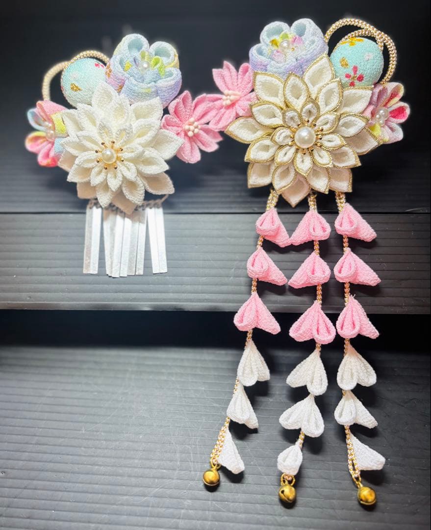 七五三髪飾りセット つまみ細工 パステルカラー 白色×桜色 7-32