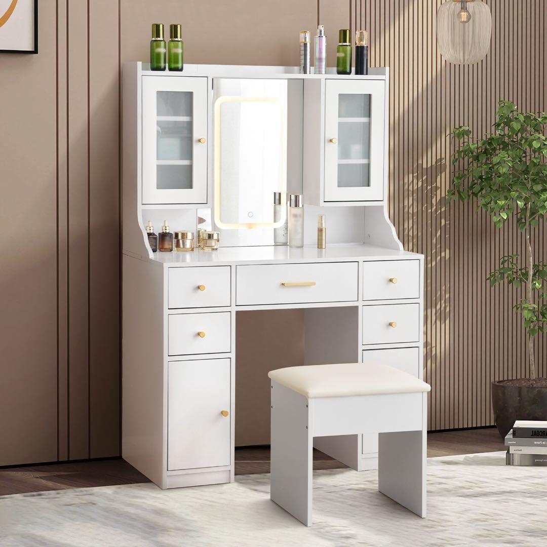 【新品】ドレッサー 化粧台 テーブル鏡台 コンセント付き ライト付き 3色LED