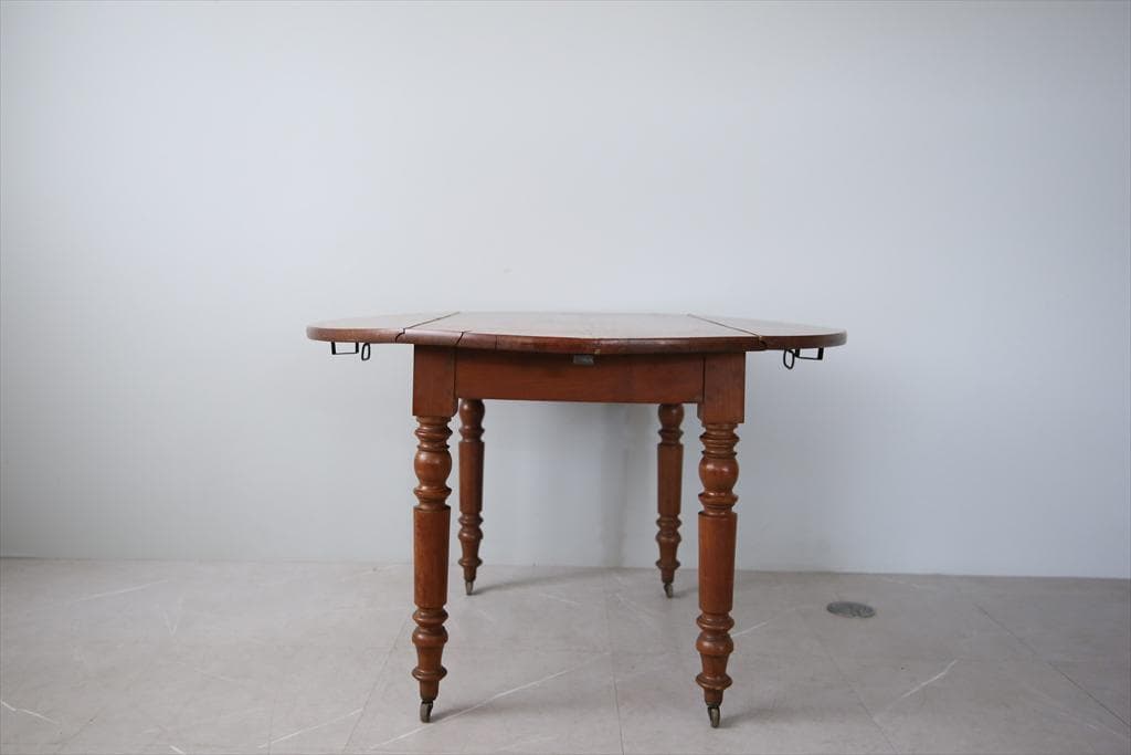 フランスアンティーク木製ドロップリーフテーブル/折畳式机バタフライ(90-186