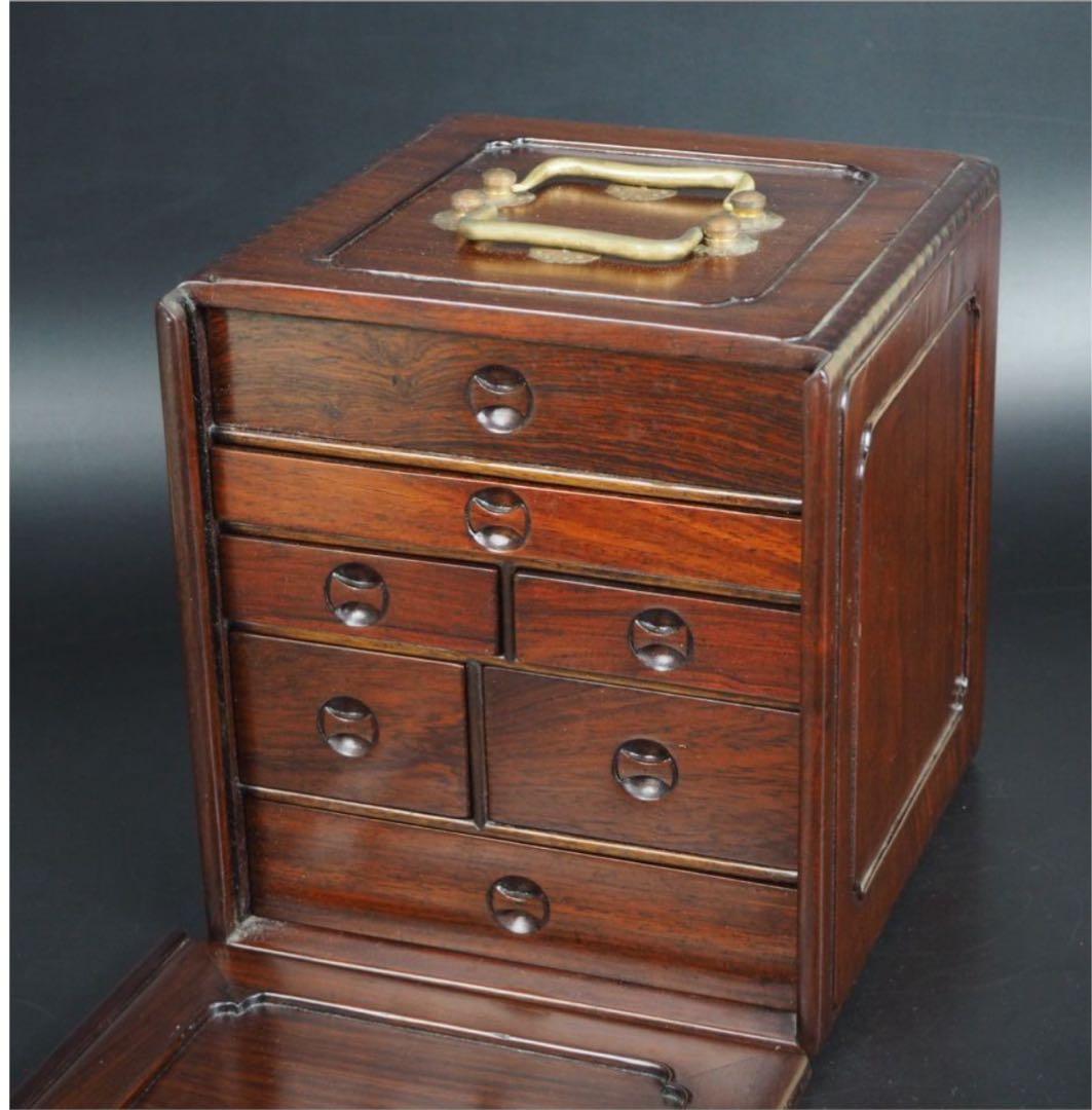 送料無料　時代物　無垢唐木花梨材　書道篆刻印鑑収納箪笥　小物入