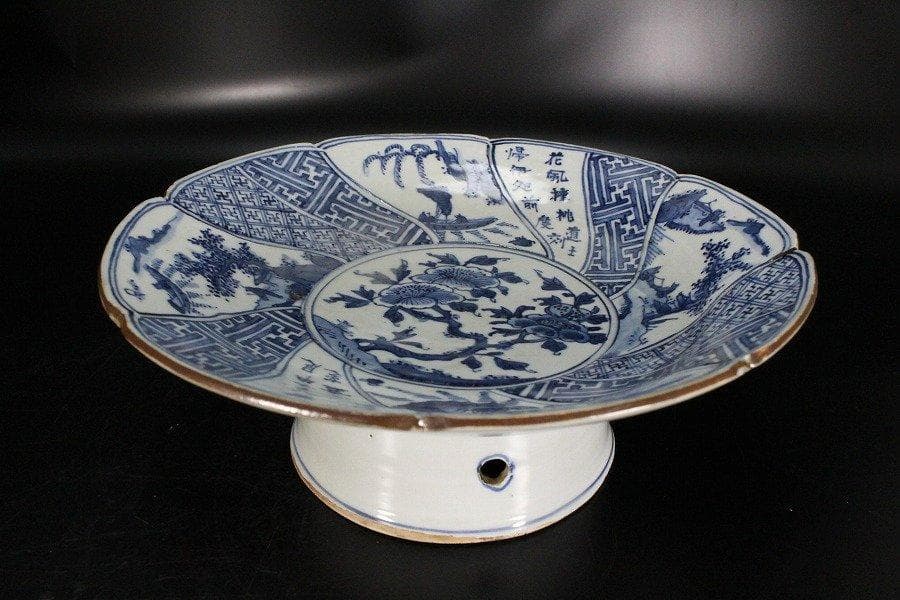 中国美術 唐物 名品 古染付 祥瑞 菓子器 高盤 φ26.5cm 明 旧家蔵出