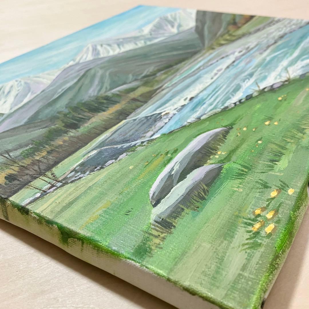 油彩画 :雪解けの春　山と川の風景＊絵画　原画　油絵　風景画　冬