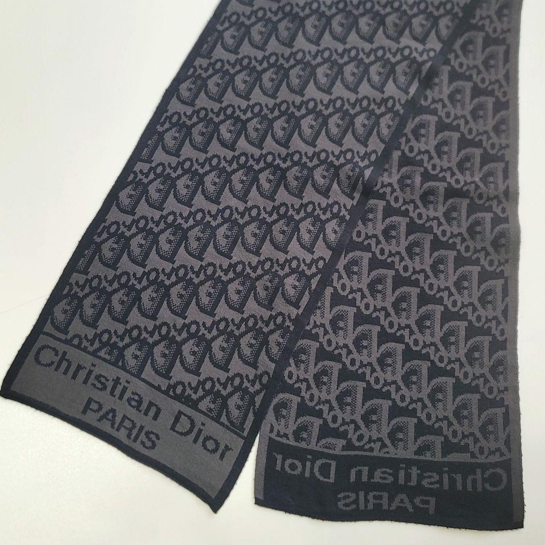 クリスチャンディオール　マフラー　トロッター柄　ウール　ロゴ　ブラック　グレー