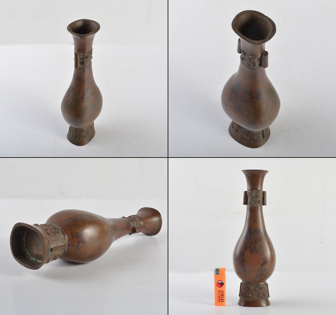 亀文堂造　古銅　饕餮文　双耳花生　共箱　M　R4781